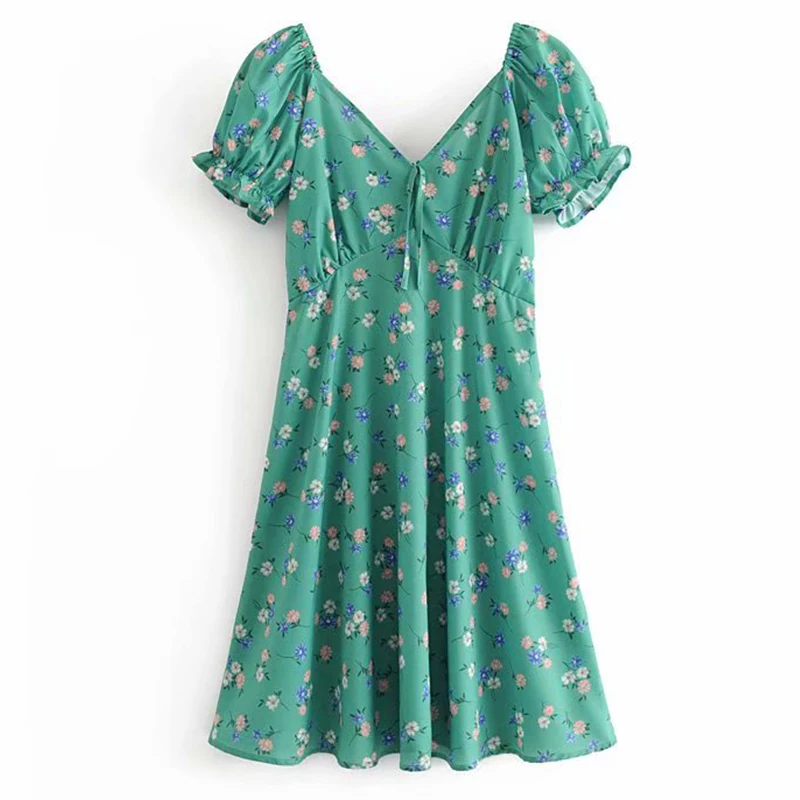 

WXWT Summer Women's Dresses Women's Retro Fashion Small Floral V-neck Sexy Print Dress Bohemian Casual Elegant Chic Brand Dress