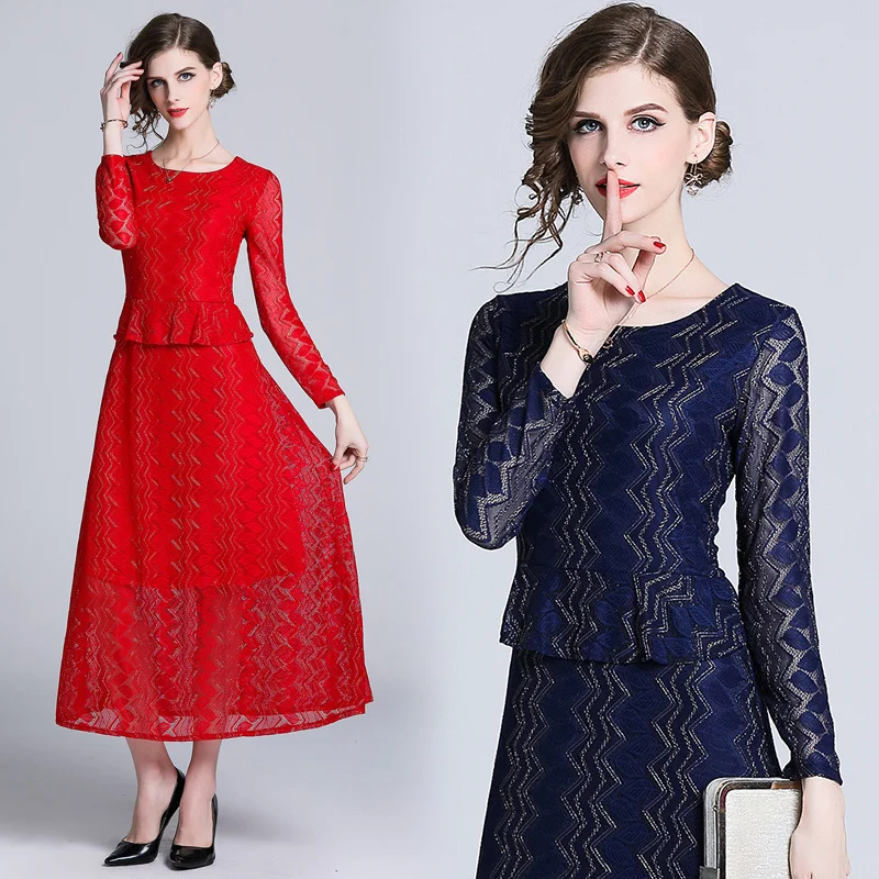

New 2019 Spring Fall Runway Lace Hollow Out Embroidery Long Sleeve Crew Neck Women Ladies Casual Designer Dresses Wholesale
