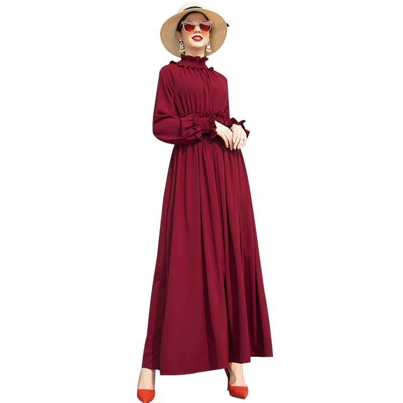 

Chiffon Ruffled Trench Dress Office Lady Spring Autumn Runway Dress Women's Red Ankle-length Long Dress DR90002