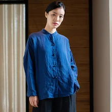 Vento chinês Retro do Suporte Da Placa Colarinho Botão Blusa Outono Nova-manga Longa T-shirt Camisa de Cor Sólida(China)