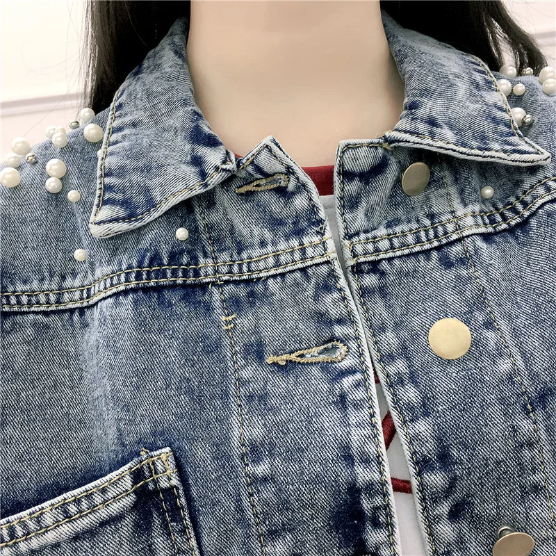 Vintage Women Jean Jacket Witrh Pearls Beading 2019 Spring Long Sleeve Pockets Denim Jackets Women Loose Outwear Female