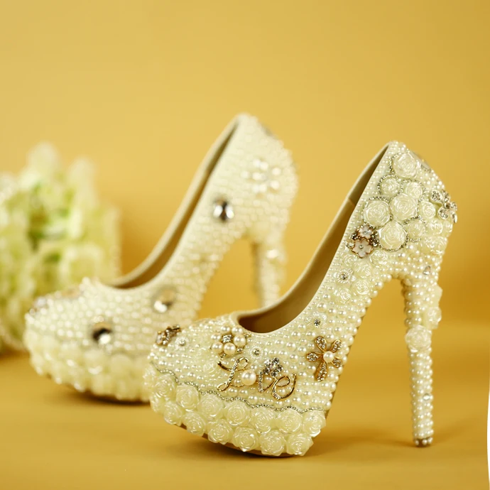 

Wedding shoes white pearl shoes rhinestones lace waterproof platform high heels wedding bride banquet dress shoes pearl lace