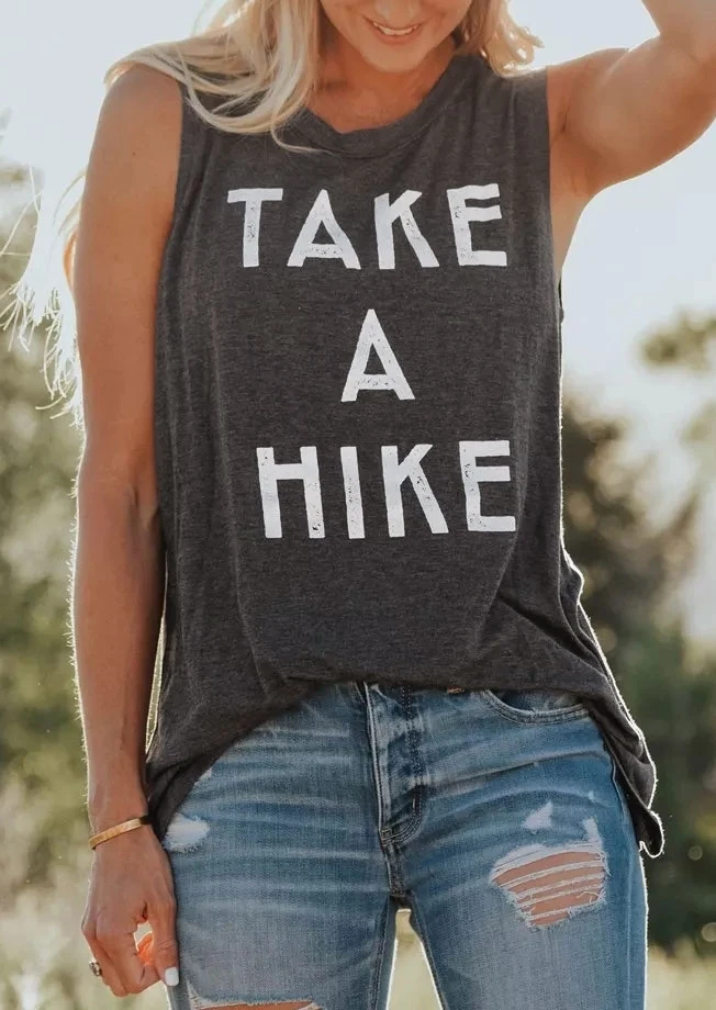 

Tank Tops Women Summer Take A Hike Letter Print O-Neck Tank 2018 Female Sleeveless Casual t shirt Dark Grey Ladies Tops Tee