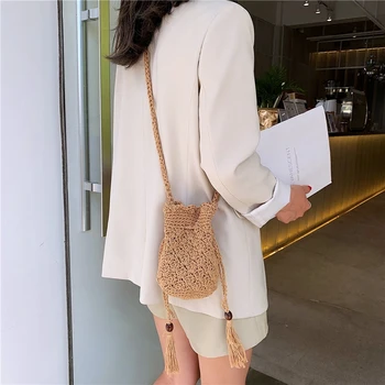 

LJL-New Drawstring Women'S Straw Bucket Bag Summer Woven Shoulder Bags Shopping Purse Beach Handbag Straw Handbags Travel Bag