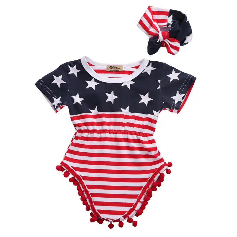 

Newborn Baby Girl Sleeveless Tassel Romper The national flag printing Toddler Kids Jumpsuit +Headband 2pcs Outfits Clothing Set