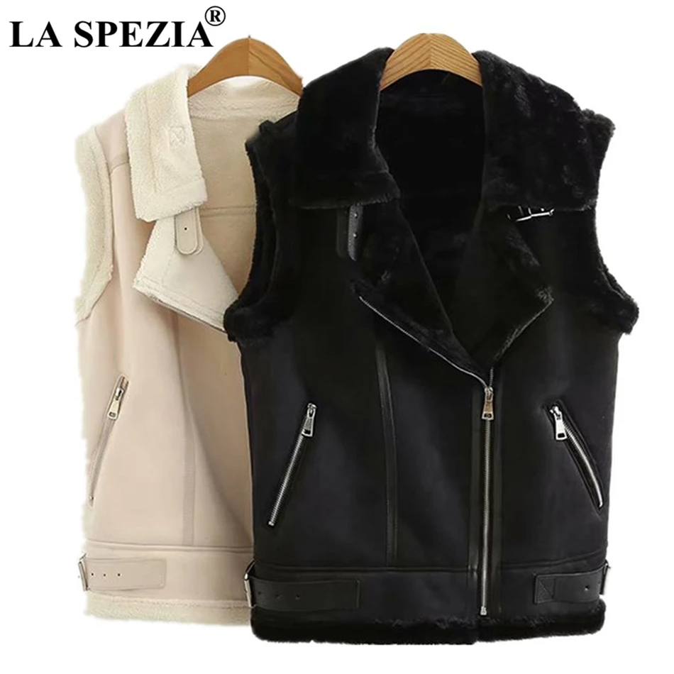 LA SPEZIA Black Waistcoat Women Winter Solid Biker Vest Female Zipper Suede Leather Warm Short Thick Ladies Sleeveless Jackets