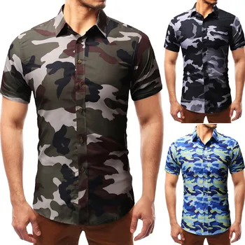 

top blouse Fashion Men's Button Personality Camouflag Short Sleeve Shirt Blouse Tops