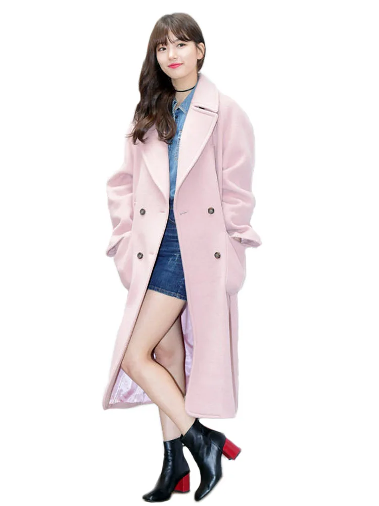 

Korea 2019 Spring Winter Simple Women Oversized Cashmere look Maxi Long Coat Casual Overcoat casaco feminino Manteau femme Pink