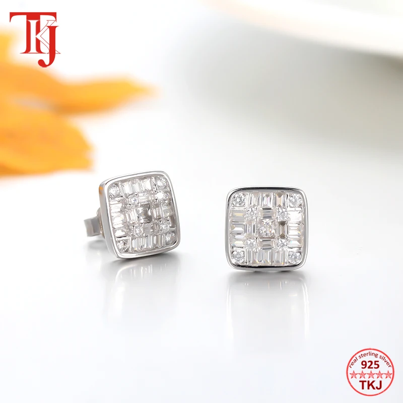 

TKJ 925 Sterling Silver Square Cut Stud Earrings for Women Bridal Bridesmaid Wedding Party Earrings Fine Jewelry Gift
