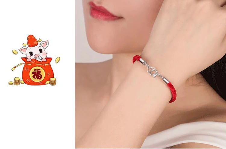 Горячие продажи 925 серебряные браслеты для женщин День рождения ювелирные изделия блестящий красный циркон Милый Свинья красная веревка браслеты леди юбилей подарки