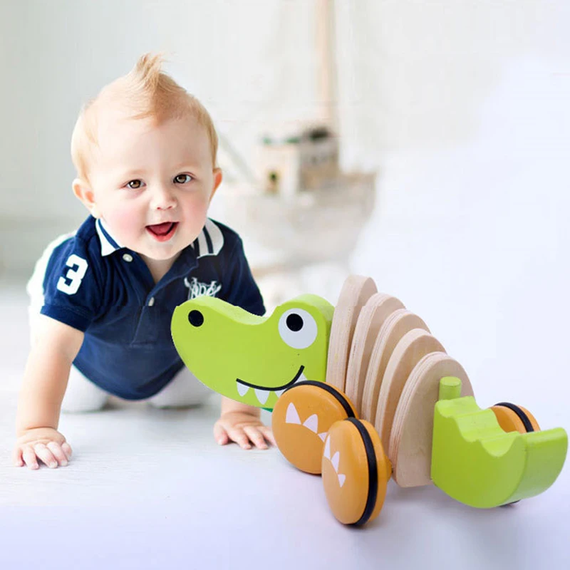 

Crocodile Wooden Rope Toy Tractor Dog Animal Wind Up Cartoon Children Crooked Tractors Model Building Kits Boys Girls Baby Toys