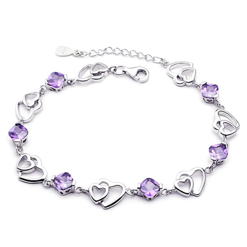 

Trendy 925 Sterling Silver Bracelets For Women Jewelry Exquisite Purple Crystal Double Love Heart Bangles Female Engagement Gift