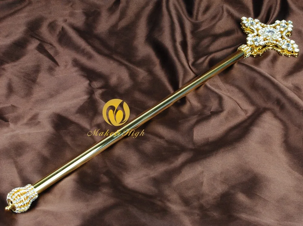 Король Королева золото Длинный скипетр крест парад костюмы для конкурса австрийские стразы двухсторонние вечерние Unix скипетр палочка