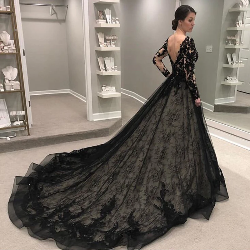 Vestido De Noiva черное свадебное платье es с длинным рукавом v-образным вырезом кружевное свадебное платье А-силуэта с аппликацией свадебное платье вышитое бисером с цветом