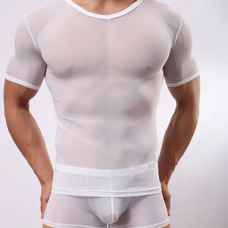 Брендовая модная прозрачная сетка с круглым вырезом с короткими рукавами Сексуальная мужская футболка сексуальные топы на бретельках нижняя рубашка дышащая летняя