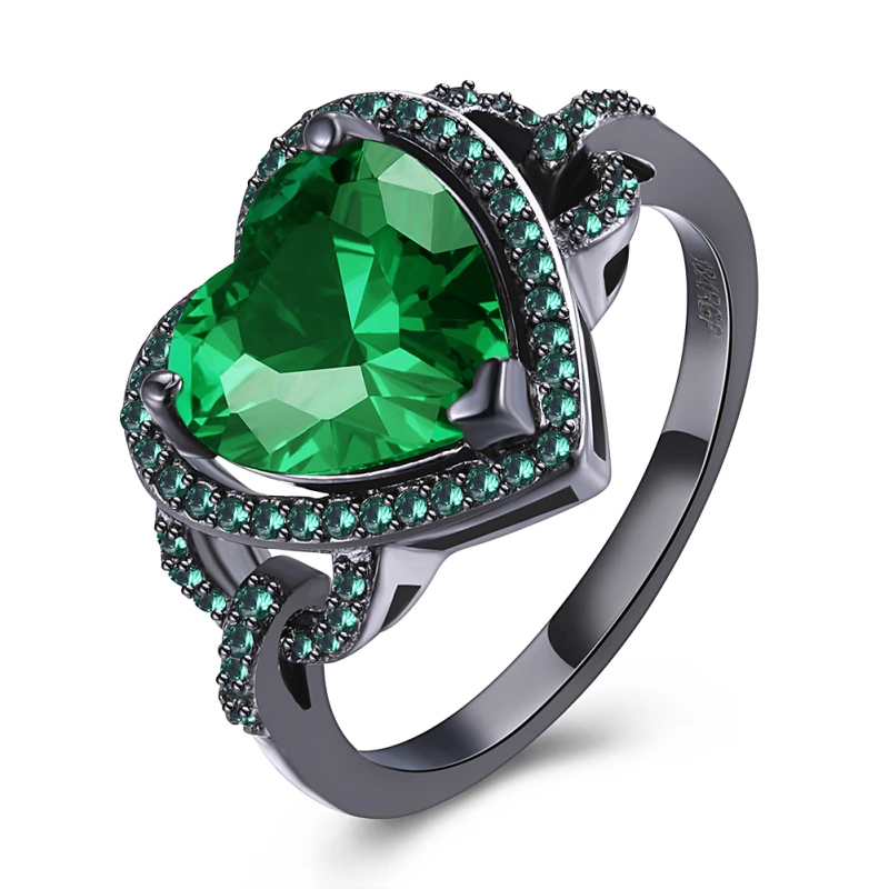 

Garilina Retro jewelry trinket Black Gun Plated Green CZ Women's rings party Love Gift Heart Ring R2186