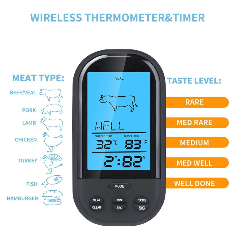 Беспроводной цифровой термометр для мяса-дистанционный Кухонный Термометр для приготовления барбекю для духовки гриль курильщик с таймером-в комплекте Пищевой зонд