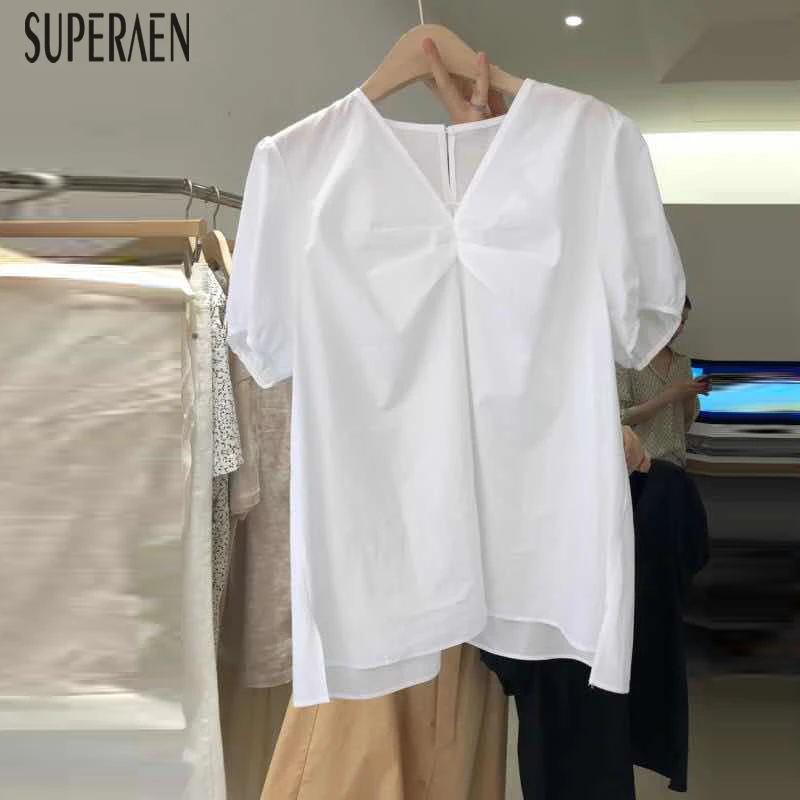 

SuperAen Korean Style Women Shirt Cotton Wild 2019 Summer New Solid Color Blouses and Tops Female V-neck Short-sleeved Shirts