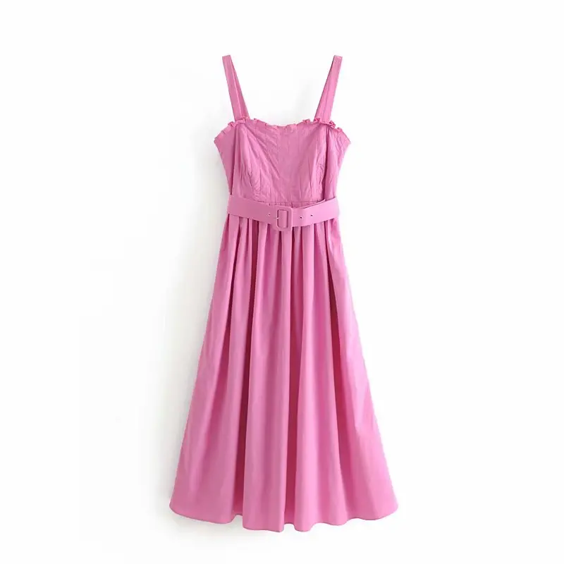 

Stylish Sweet Girls Rose Red Strap Long Dress With Chic Belt Za 2019 Fashion Women Square Collar Dresses Casual Vestidos