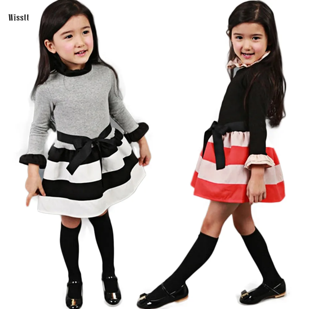 Wisstt Autumn Winter Long Sleeve Vestidos Striped Dress For Baby Girl