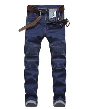 

Men's Pleated Patchwork Dark Blue Biker Jeans Moto Casual Slim Fit Skinny Stretch Denim Pants Size 40 42 #5011