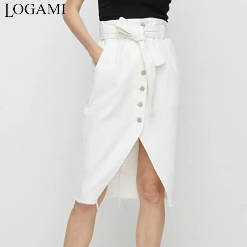 

LOGAMI White High Waist Irregular Split Knee Length Denim Skirts Womens Summer Autumn Midi Pencil Skirt OL Skirt With Sashes
