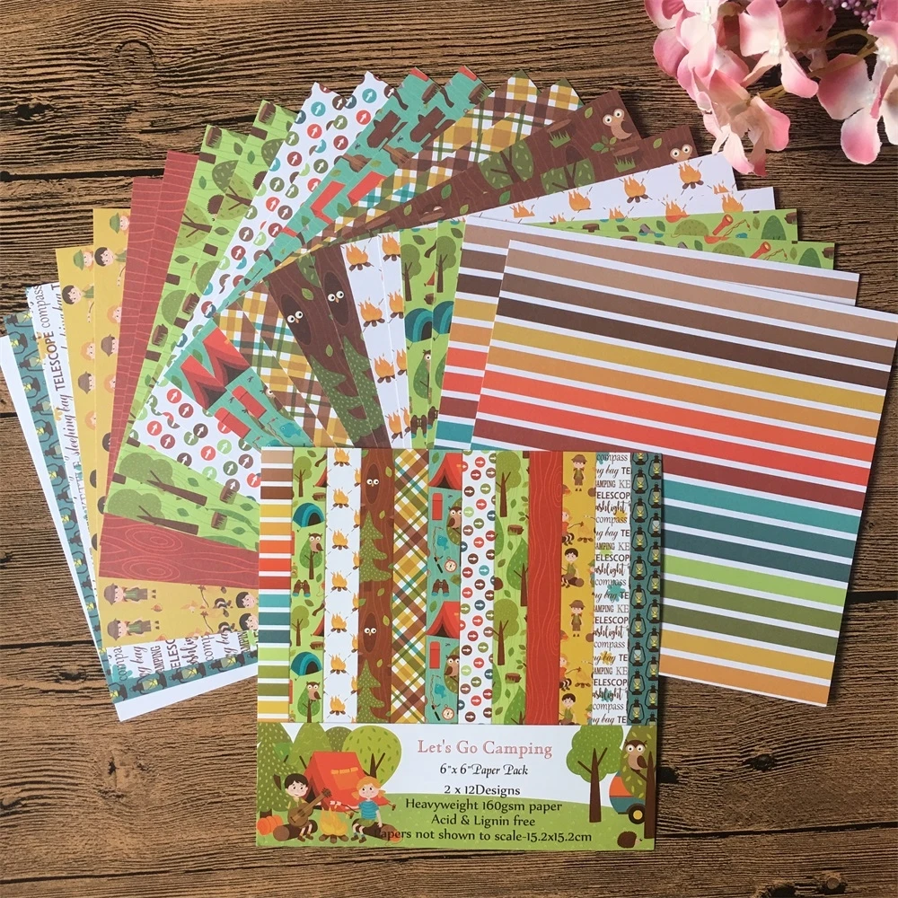 

24pcs/set 15*15cm Let's Go Camping Kids Patterned Paper Pack for Scrapbooking DIY Happy Planner Card Making Journal Project