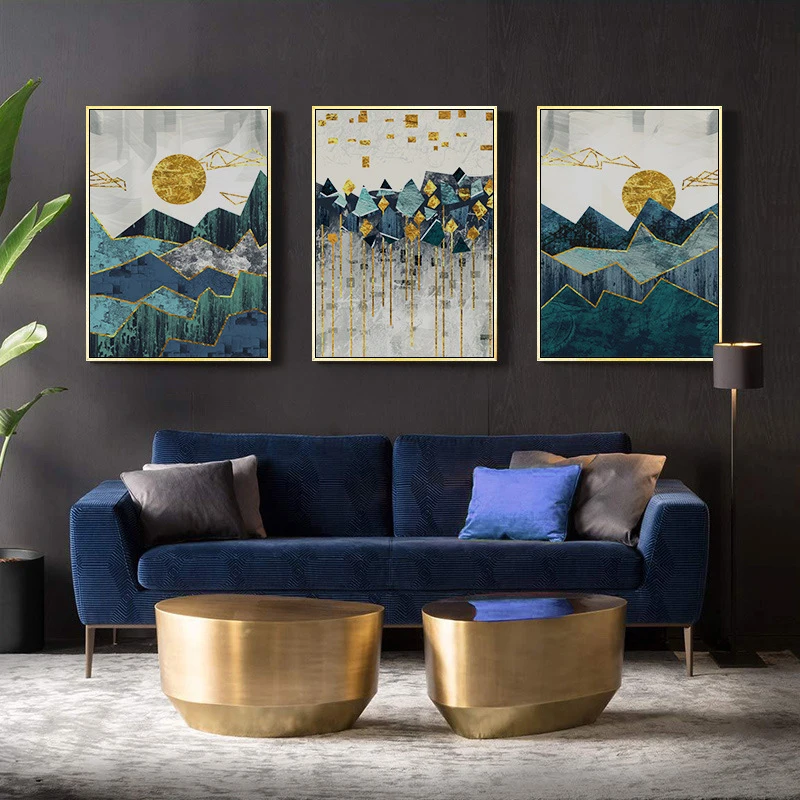 Настенная картина, Картина на холсте, золотое солнце, нордическая, 1 шт., пейзаж, абстрактный, для гостиной, геометрический художественный плакат, без рамки, горный