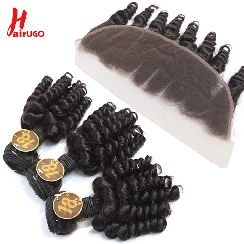 Pacotes com Fechamento Dianteira do Laço do Cabelo Perucas do Laço Frontal com o Bebê Hairugo Funmi Encaracolado Remy Brasileiro Humano Cabelo 13*4