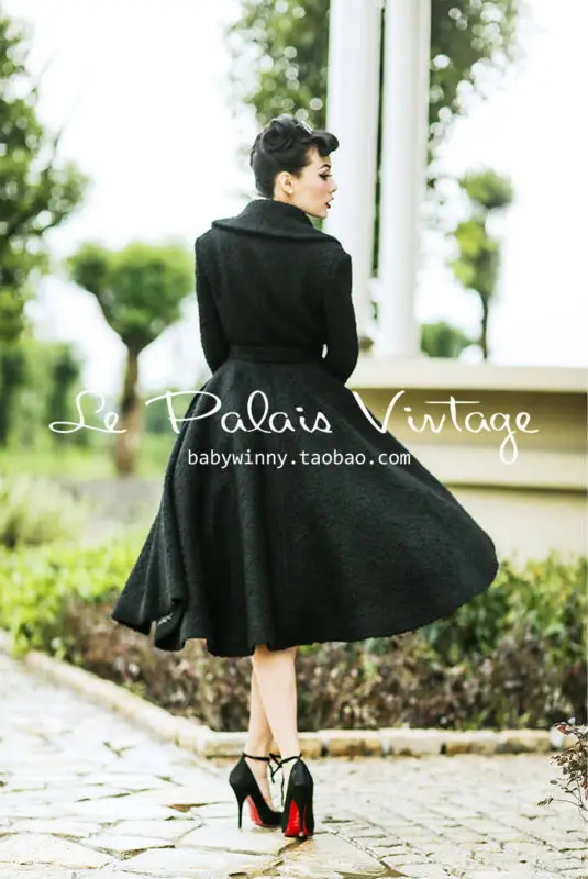 Koop Le Palais Vintage elegante retro 100% wol Revers taille rok soort wollen jas