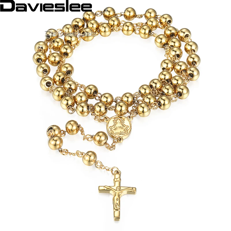 Davieslee Wo мужское ожерелье из нержавеющей стали цепь бусина четки длинное ожерелье Иисуса христианский крест молитвенные ювелирные изделия DLKN434