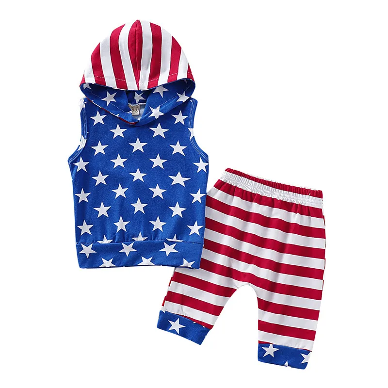 

Kids Baby Boy Clothes Sets Summer 2Pcs Streetwear Sleeveless Hooded Vest Tops Striped Shorts 2Pcs Boy Cotton Outfits 6M-4Y