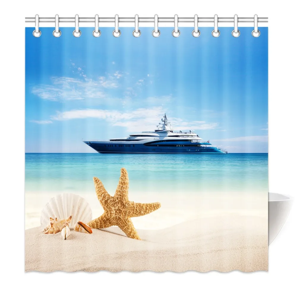 

HommomH Shower Curtain Weights Resistant Waterproof Fabric With Hooks Bathroom Sea Beach Starfish Ship Blue
