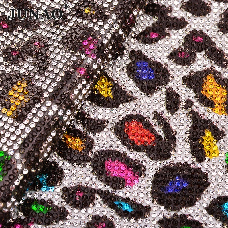 

JUNAO 24x40cm Colored Leopard Crystal Mesh Self Adhesive Rhinestones Fabtic Sheet Glass Diamond Trim Strass Tape for Dress Craft