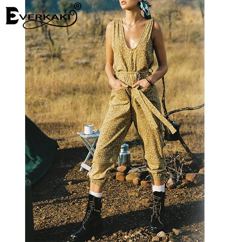

Everkaki Cotton Leopard Jumpsuits For Women Print Suits Bohemian Sleeveless Long Rompers Women's Jumpsuit 2019 Summer Autumn New