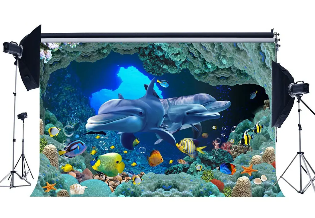 

Underwater World Backdrop Aquarium Backdrops Fancy Coral Dolphin Fish Bubble Sea World Photography Background