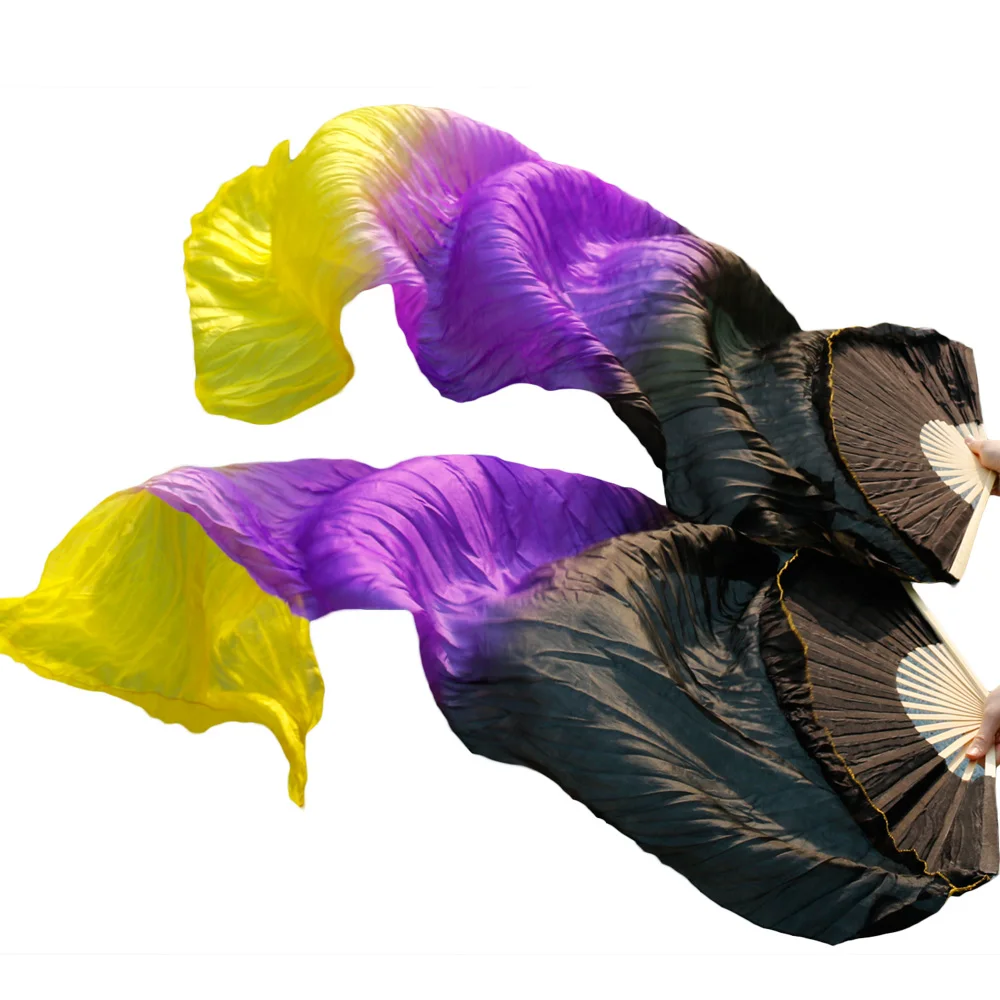 2018 High selling 100% Real Silk Veils 1 Pair handmade women Quality Silk Belly Dance Fans Dance Black + purple + yellow