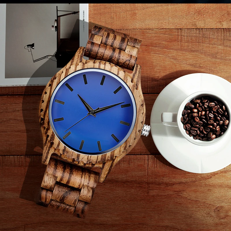 Blue Men Watch Top Luxury Quartz Wristwatches Wooden Strap Male Clock