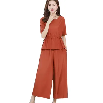 

2 piece set Middle-aged Women Summer Suit Large size Loose Short-sleeved Top+Wide leg pants Ladies Casual Clothing Sets XL-5XL