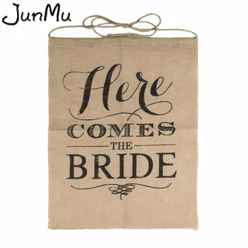 

15" x 21" Handmade Jute Here Comes The Bride Sign Rustic Hessian Burlap Banner Wedding Flag for wedding decor