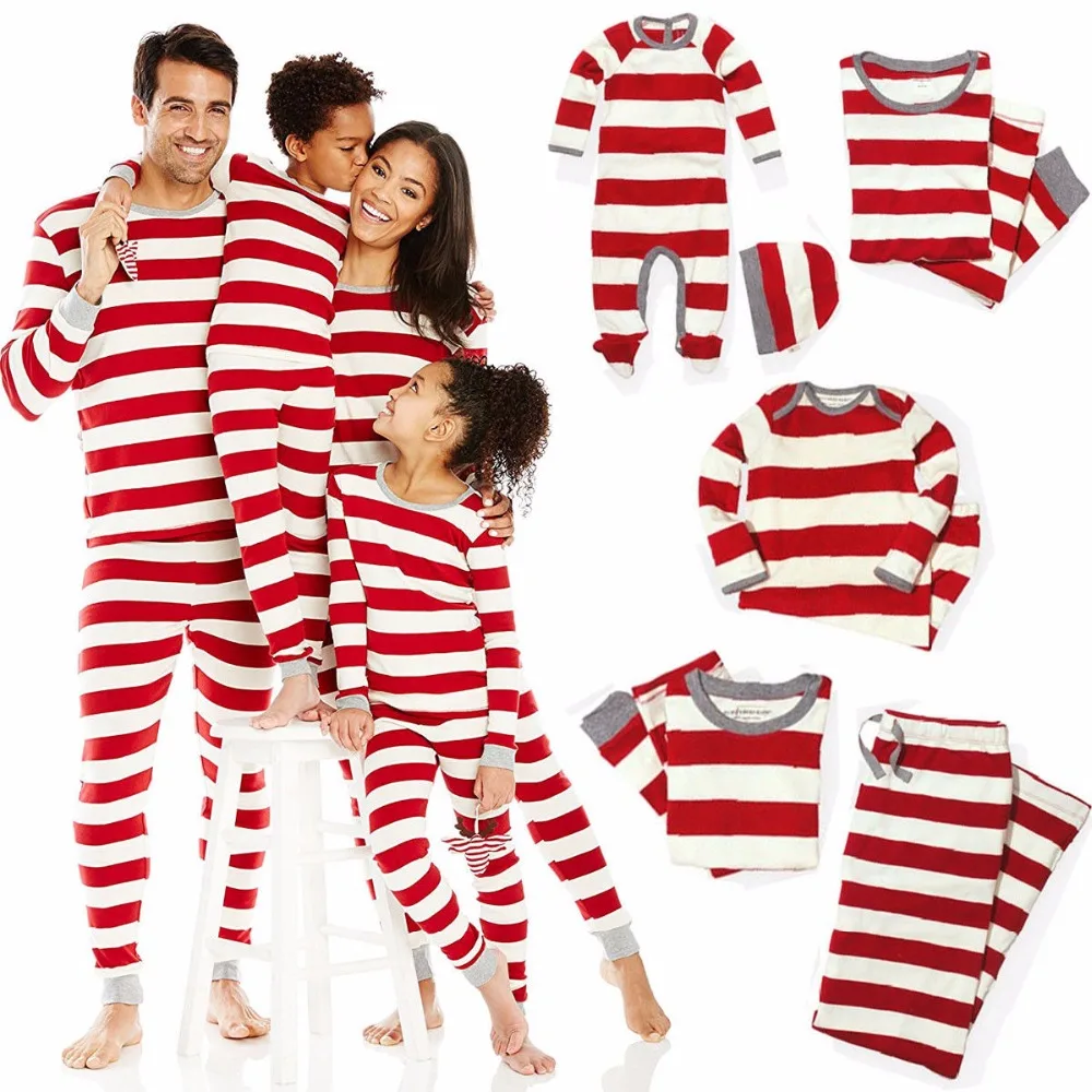Новейшая модель; красный, белый рождественской полосатой пижамы Семейные комплекты Пижама, комплект одежды из хлопка Рождественская Пышная юбка-американка одежда для сна