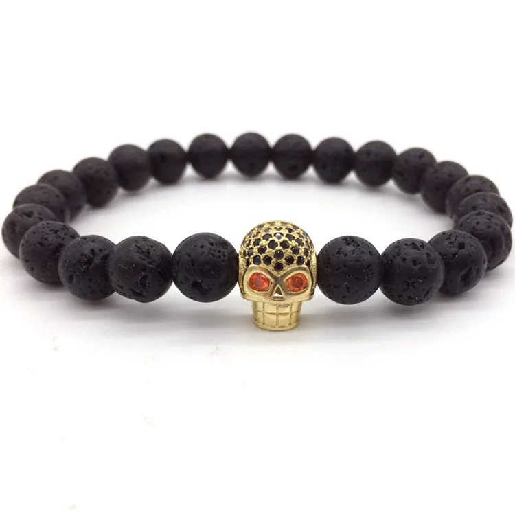 NAIQUBE New Arrival Diy Trendy Skull Charm Bracelets For Men Black CZ Skull Head Men Bracelets Lava Stone Jewelry Gift