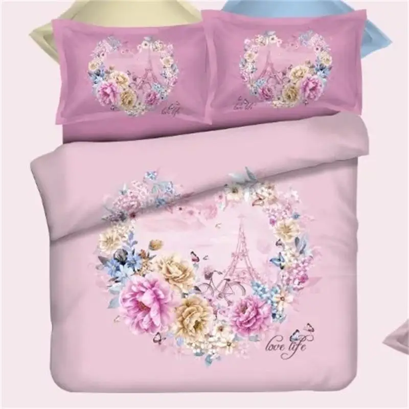 

Romantic Heart Flowers Eiffel Tower Love Bedding Set Queen Size 100% Cotton Fabric Duvet Cover Bedsheets Pillowcase Bed in a Bag