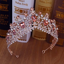 Розовое золото, украшения для волос, розовый кристалл, свадебная богиня, корона, жемчуг, цветок, стразы, свадебная тиара, повязка на голову для женщин, свадебное торжество