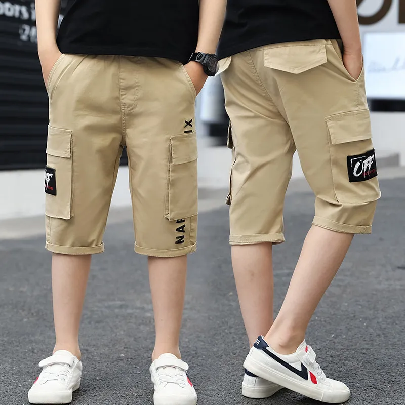 

Kids Boys Cargo Shorts 2019 Summer Teenagers Boys Letter Elastic Waist Shorts For Boy 6 8 10 12 14 Year Khaki Army Green Color