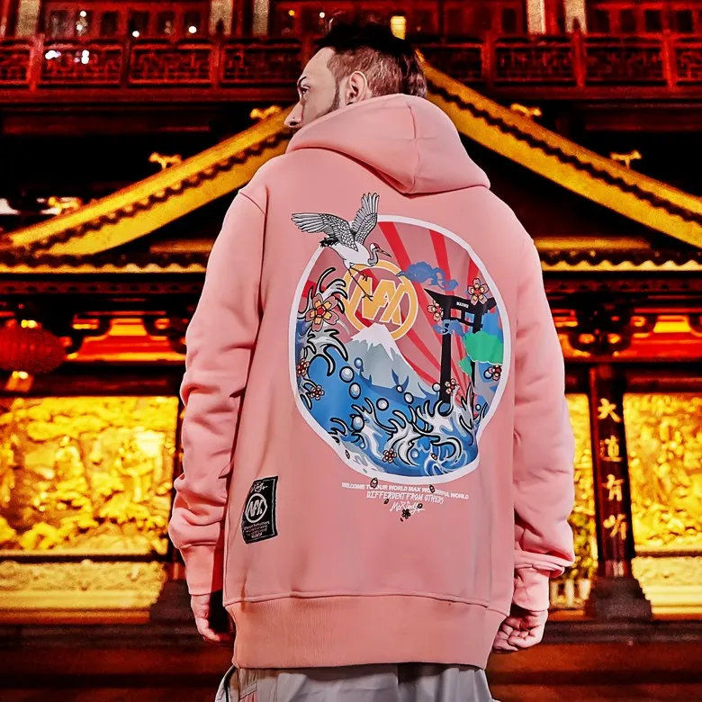 Мужская Флисовая Толстовка Harajuku с японской вышивкой и Журавлями уличная одежда
