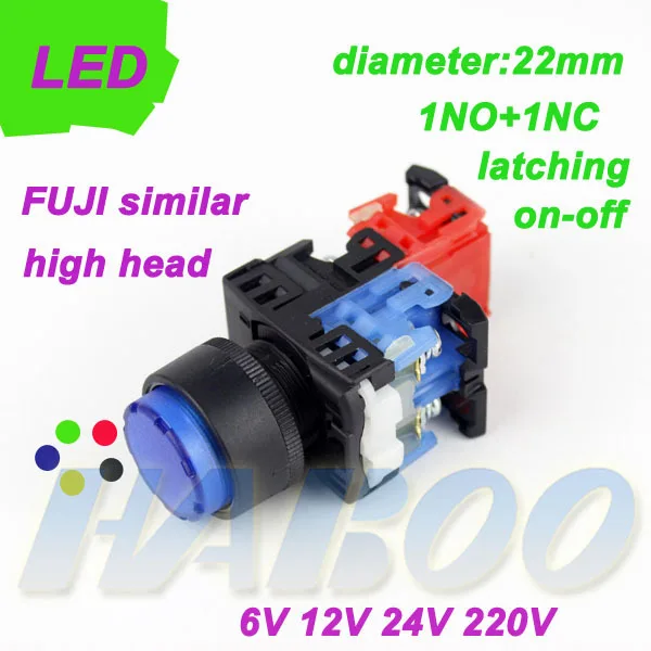 

diameter22mm fuji similar push button switch 1NO+1NC latching electrical switch on-of with illuminated switch 12V 24V 220V LED