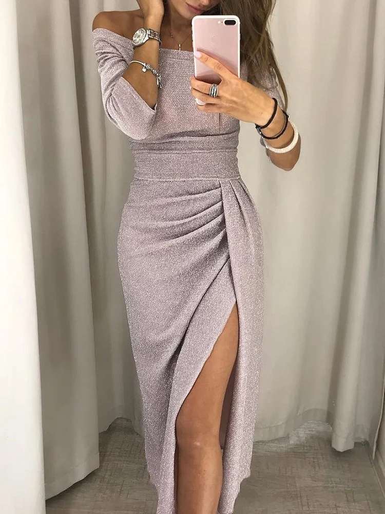 

Elegant Autumn Long Dresses Women's Solid Off Shoulder Dress For Women 2018 Split Party Fashion Streetwear Dress Vestido SJ516R