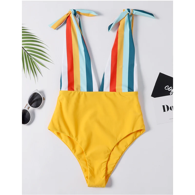 

2019 New One Piece Swimsuit Sexy Colorful Stripe Swimwear Women Bathing Suit Beach Backless Monokini Swimsuit Female