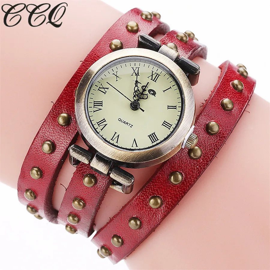 CCQ бренд Винтаж Ретро заклепки из натуральной кожи для женщин браслет наручные часы модные кварцевые часы Relogio Feminino Прямая